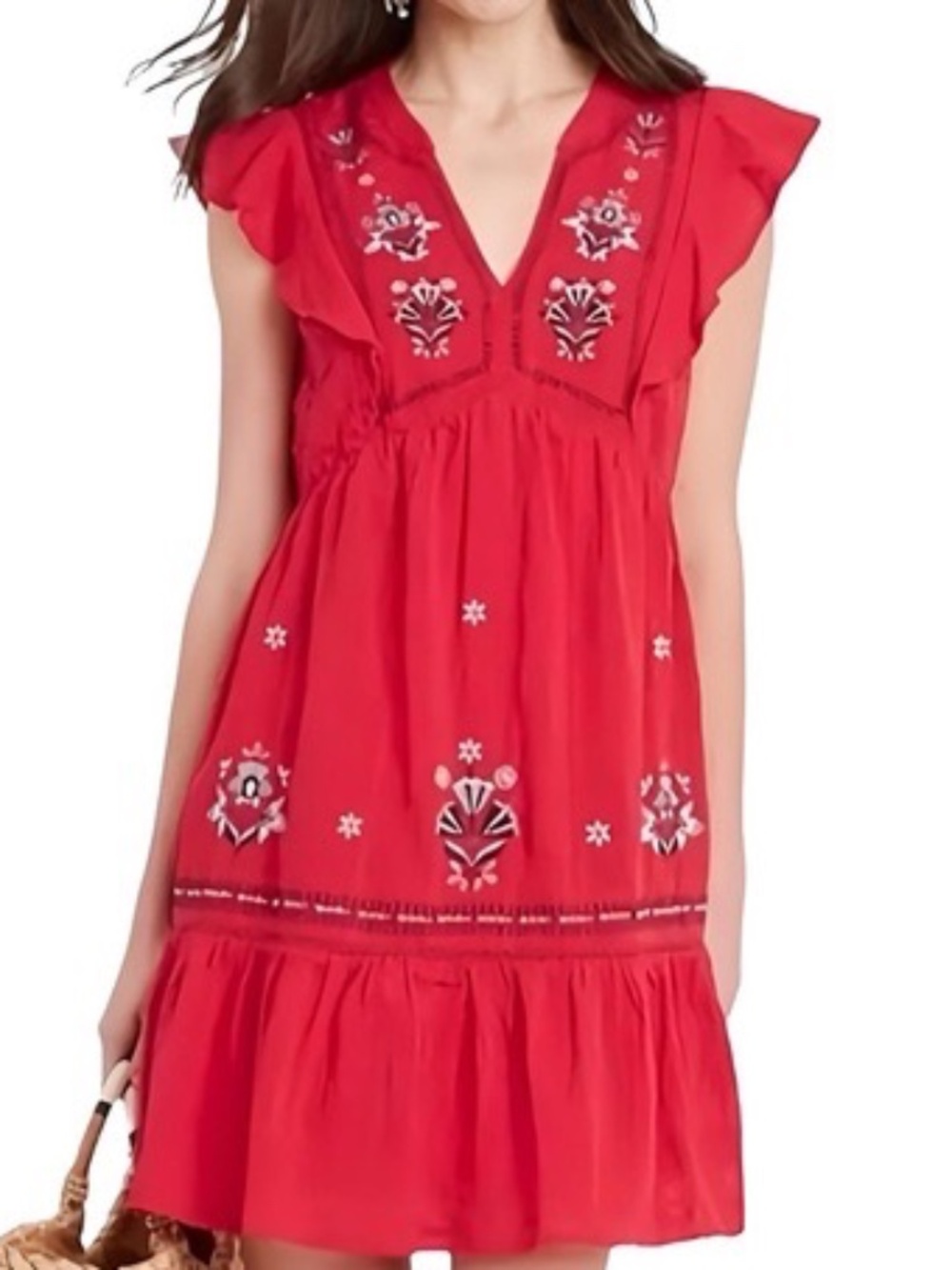 Knox Rose Red Embroidered Midi Empire Cotton Summer Sun Dress Sz Large